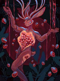 ambiguous_fluids anthro antlers chest_open gore horn long_antlers male open_wound pomegranate pose smile smiling_at_viewer smirk smirking_at_viewer solo deadishwolf jackalope lagomorph mammal 3:4