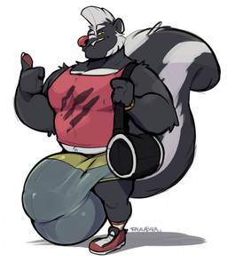 4_fingers anthro barazoku beard big_bulge big_muscles big_pecs big_tail biped black_bag black_body black_fur bottomwear broad_shoulders bulge claws clock closed_smile clothed clothed_anthro clothed_male clothing countershade_fur countershade_torso countershading detailed_bulge eyebrows facial_hair fangs finger_claws fingerpads fingers fluffy fluffy_tail footwear fully_clothed fully_clothed_anthro fully_clothed_male fur genital_outline gesture gesturing_at_viewer grin gym_bag hair hand_gesture holding_bag huge_bulge humanoid_hands hyper hyper_bulge looking_at_viewer male male_anthro manly markings mohawk mouth_closed multicolored_body multicolored_bottomwear multicolored_clothing multicolored_fur multicolored_shorts muscular muscular_anthro muscular_male narrowed_eyes nipple_outline pawpads pecs penis_outline pink_nose plantigrade print_clothing print_shirt print_tank_top print_topwear red_clothing red_footwear red_shirt red_shoes red_tank_top red_topwear shadow shirt shoes shorts shoulder_bag simple_background skunk_tail smile smiling_at_viewer socks solo standing striped_body striped_fur striped_markings striped_tail stripes tail tail_markings tank_top teeth three-quarter_view thumbs_up topwear two_tone_body two_tone_bottomwear two_tone_clothing two_tone_fur two_tone_shorts two_tone_tail watch white_background white_beard white_body white_countershading white_eyebrows white_facial_hair white_fur white_hair white_stripes wristwatch yellow_sclera haps jerry_(haps) mammal mephitid skunk striped_skunk 2022 digital_drawing_(artwork) digital_media_(artwork) full-length_portrait hi_res portrait shaded signature