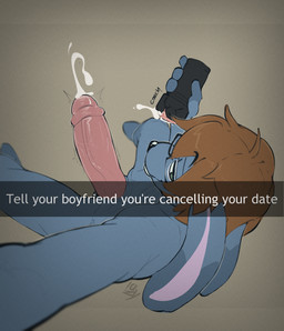 anthro big_penis blue_body blue_fur bodily_fluids broken_sex_toy caption cum cum_drip dripping eyewear floppy_ears fur genital_fluids genitals glasses green_eyes inviting_to_sex lop_ears male onomatopoeia penis selfie solo sound_effects text lazythegoat scoped_(bnuuyjournalist) lagomorph leporid mammal rabbit absurd_res english_text hi_res