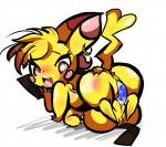 anus ass_up blush bodily_fluids butt cleft_tail duo ear_piercing ear_ring female female/female feral fur genital_fluids genitals grip hair piercing pussy raised_tail ring_piercing tail thick_thighs vaginal_fluids wide_hips yellow_body yellow_fur tasteydonuts nintendo pokemon fan_character milachu generation_1_pokemon generation_2_pokemon pichu pikachu pokemon_(species)