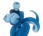 anthro big_breasts blue_body blue_eyes breasts clothed clothing female huge_breasts muscular muscular_anthro muscular_female nipples non-mammal_breasts non-mammal_nipples one_eye_closed partially_clothed scar smile solo tail tattoo teeth wide_hips wink bigdad bomba_(krillos) komodo_dragon lizard monitor_lizard reptile scalie