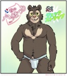 2014 anthro artdecade bear biceps bulge clothed clothing fur japanese_text jockstrap looking_at_viewer male mammal muscular muscular_anthro muscular_male neck_tuft pecs pose simple_background sloth_bear smile solo teeth text topless tuft underwear underwear_festival ursine willy_(artdecade)