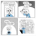 4_panel_comic anthro barefoot bathroom belt biped black_clothing black_nose black_shirt black_topwear blue_clothing brush brushing brushing_hair clothing conjoined_speech_bubble curly_hair eye_bags eyelashes feet female grimace hair hand_soap hands_on_hips head_tuft looking_at_mirror looking_at_object looking_at_self mirror open_mouth open_smile personal_grooming plant plant_pot potted_plant shirt smile solo speech_bubble styling_hair talking_to_self text toilet topwear trash_can tuft white_belt horseonvhs jeanie_jacobs_(horseonvhs) 1:1 comic english_text