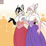 anthro black_hair black_nose breasts clothing dress duo exposed_breasts featureless_breasts female food fruit fur gloves_(marking) hair markings pink_hair plant tan_body tan_fur foxenawolf aria_(datban) talla_sweist canid canine dreamspinner fox mammal