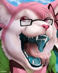 bodily_fluids cyan_insides detailed_mouth eyewear fangs forked_tongue fur glasses head_tuft inner_ear_fluff looking_aside mouth_shot neck_tuft open_mouth pink_body pink_eyes pink_fur pink_nose pink_tongue rectangular_glasses saliva saliva_on_tongue saliva_string solo teeth tongue tuft two_tone_mouth white_body white_fur white_inner_ear_fluff roobin nintendo pokemon eeveelution generation_6_pokemon pokemon_(species) sylveon 4:5 absurd_res artist_name bust_portrait digital_media_(artwork) digital_painting_(artwork) hi_res portrait shaded