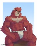 abs asian_clothing body_hair chest_hair clothing east_asian_clothing fangs fundoshi japanese_clothing looking_at_viewer male muscular sitting solo teeth underwear coffeline the_boy_and_the_beast kumatetsu bear mammal hi_res