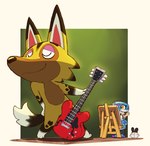 anthro brown_body brown_fur chibi duo featureless_crotch fur guitar male modelling musical_instrument nude nude_modelling nude_painting painting plucked_string_instrument smile string_instrument young dahecksajerry animal_crossing nintendo kyle_(animal_crossing) villager_(animal_crossing) canid canine canis human mammal wolf adult_(lore)