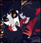 black_body black_border black_hair border duo forked_tongue grey_body grey_hair grey_sclera hair licking licking_another long_tongue male obscured_eyes orange_eyes piercing red_tongue tongue tongue_piercing white_body yellow_eyes rayliicious humanoid artist_name dated