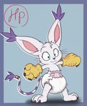 accessory ambiguous_gender anthro arms_out big_ears claws clean_diaper clothed clothing diaper furgonomics gloves handwear jewelry ring shocked solo standing tail tail_accessory tail_jewelry tail_ring wearing_diaper wide_eyed hodgepodgedl bandai_namco digimon digimon_(species) gatomon hi_res