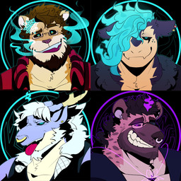 anthro barazoku beard black_clothing black_jacket black_sclera black_topwear blue_body blue_eyes blue_fur blue_hair blue_smoke brown_beard brown_body brown_ears brown_facial_hair brown_fur brown_hair brown_snout brown_spots clenched_teeth clothed clothed_anthro clothed_male clothing countershade_fur countershading facial_hair facial_piercing fur glowing glowing_eyes grey_beard grey_facial_hair grin group hair hair_over_eye horn jacket male male_anthro markings mouth_closed multicolored_body multicolored_clothing multicolored_eyes multicolored_fur multicolored_topwear nose_piercing nose_ring open_mouth open_smile orange_body orange_fur piercing pink_nose purple_body purple_eyes purple_fur red_clothing red_jacket red_topwear ring_piercing smile smoke spots spotted_body spotted_fur tan_body tan_countershading tan_fur tan_horn teeth tongue tongue_out topwear two_tone_clothing two_tone_jacket two_tone_topwear melaisen mythology nintendo pokemon dragon eastern_dragon felid generation_2_pokemon hyena lion mammal mythological_creature mythological_scalie pantherine pokemon_(species) scalie spotted_hyena typhlosion 2022 absurd_res bust_portrait digital_drawing_(artwork) digital_media_(artwork) hi_res portrait
