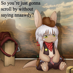:< ambiguous_anthro ambiguous_gender anthro brown_body brown_clothing brown_fur brown_hat brown_headwear clothed clothed_ambiguous clothed_anthro clothing cowboy cowboy_hat fur green_eyes grey_hair hair hat headgear headwear horizontal_pupils kerchief neckerchief neckwear pupils red_kerchief red_neckerchief saddle sitting solo text topwear vest whiskers yellow_eyes smugbuns are_you_just_gonna_scroll_past made_in_abyss nanachi lagomorph leporid mammal narehate rabbit 1:1 english_text hi_res