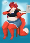 anthro back_rolls belly belly_folds belly_overhang belly_rolls chair clothing fat_rolls female food furniture love_handles pizza slightly_chubby solo thick_thighs tight_clothing maikeru valerie_(lordstormcaller) canid canine fox mammal