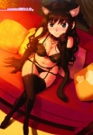 blush bra breasts clothing cosplay fake_cat_ears fake_cat_tail fake_ears fake_tail female garter_belt garter_straps gloves handwear heart_symbol human_only jewelry legwear lingerie looking_at_viewer necklace not_furry panties sitting smile solo stockings tail text underwear koume_keito human mammal grandfathered_content hi_res japanese_text