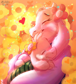 anthro bodily_fluids clothed clothing crying duo fangs female flower fur green_clothing green_sweater green_topwear happy heart_symbol horn hug long_ears male pattern_clothing pattern_sweater pattern_topwear plant robe striped_clothing striped_sweater striped_topwear stripes sweater tears teeth topwear white_body white_fur orlandofox cc-by-nc-nd creative_commons undertale undertale_(series) asriel_dreemurr flowey_the_flower toriel boss_monster_(undertale) bovid caprine elemental_creature flora_fauna goat mammal 2015 mother_(lore) parent_(lore) son_(lore)