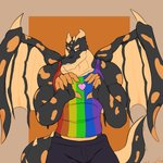 anthro black_body black_scales clothing heart_symbol lgbt_pride male muscular muscular_anthro muscular_male orange_body orange_scales pride_color_clothing pride_colors rainbow_pride_clothing rainbow_pride_colors rainbow_symbol scales simple_background six-stripe_rainbow_pride_colors solo tail lico_utari european_mythology mythology xaviar_xandrias dragon mythological_creature mythological_scalie scalie western_dragon 1:1 hi_res warm_colors