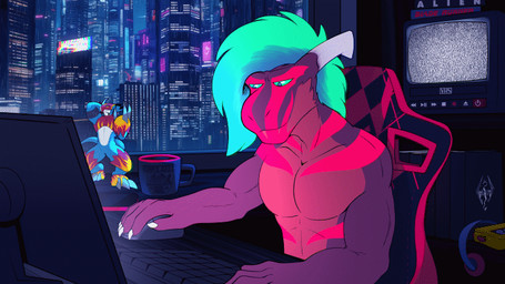 anthro chill city computer cyberdragon desk electronics furniture gaming male night solo table vintage working j450n2080 bandai_namco digimon mythology graker digimon_(species) dragon flamedramon mythological_creature mythological_scalie scalie 16:9 animated widescreen