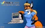 anthro arm_support black_body black_fur blonde_hair blue_background blue_clothing blue_eyes blue_shirt blue_topwear bottomwear breasts cheek_tuft cleavage clothed clothing computer copyright_symbol electronics eyewear facial_tuft female female_anthro fur glasses gloves_(marking) grin hair half-closed_eyes logo markings mascot narrowed_eyes nerd pants pink_bottomwear pink_clothing pink_pants ponytail red_body red_fur retro_artstyle shirt simple_background smile solo style_emulation symbol tail tail_tuft topwear tuft white_body white_fur taiarts amiga_(computer) commodore_international foxtober inktober linux protracker xenia_(linux) canid canine fox mammal red_fox true_fox 16:10 2023 dated portrait signature three-quarter_portrait widescreen trans_(lore) trans_woman_(lore)