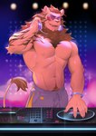 5_fingers absurd_res anthro areola claws disc_jockey ear_piercing felid fingers frde fur fur_tuft hi_res lion male mammal mane muscular muscular_anthro muscular_male nipples one_eye_closed open_mouth open_smile pantherine piercing smile solo tail tail_tuft tuft