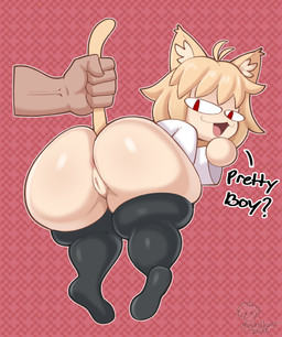 ahoge anus big_butt blonde_hair bottomless butt clothed clothing disembodied_hand duo female genitals hair holding_by_tail holding_tail legwear male male/female pattern_background rear_view shortstack shortstack_female simple_background smug solo_focus tail text thigh_highs vulva mehdrawings tsukihime type-moon neco-arc animal_humanoid cat_humanoid felid felid_humanoid feline feline_humanoid humanoid mammal mammal_humanoid 2025 absurd_res hi_res tagme watermark