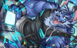 anthro blue_body blue_eyes blue_fur fur gaming looking_at_viewer male muscular muscular_anthro muscular_male playing_video_game sleeveless_hoodie solo rabbity lifewonders tokyo_afterschool_summoners tindalos_(tas) canid canine canis mammal wolf 16:10 hi_res widescreen