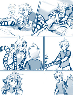 annoyed anthro bacon bed bedding bedroom breasts casual_nudity clothed clothed_human clothed_male clothing dialogue dipstick_tail duo eyes_closed facial_markings facial_stripes featureless_breasts female food furniture hair head_markings inside long_hair male male/female markings meat nude nude_anthro nude_female pawpads paws pregnant shirt small_breasts smile speech_bubble striped_body stripes t-shirt tail tail_markings text topwear conditional_dnp tom_fischbach twokinds flora_(twokinds) trace_legacy felid human keidran mammal pantherine tiger 2026 adobe_photoshop_(artwork) blue_and_white comic digital_media_(artwork) english_text monochrome sketch