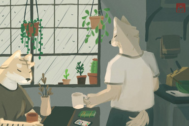 ambiguous_gender anthro arm_markings bottomwear cactus clothing container cup detailed_background duo electronics eyebrows_(marking) eyes_closed facial_markings fur grey_body grey_fur head_markings head_tuft holding_object markings mug multicolored_body multicolored_fur notebook phone plant plant_pot pointy_ears potted_plant rear_view shirt shorts sitting snout standing topwear tuft two_tone_body two_tone_fur white_body white_fur yellow_body yellow_fur w0lfi unnamed_character canid canine canis felid mammal pantherine tiger wolf 3:2