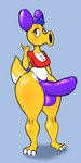 3_toes accessory anthro big_penis black_eyes blue_hair bow_ribbon breasts clothing feet genitals gynomorph hair hair_accessory hair_bow hair_ribbon intersex penis ribbons shirt simple_background solo tail thick_thighs thong toes topwear underwear yellow_body jovi_cap mario_bros nintendo birdo hi_res