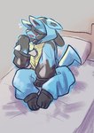 after_transformation anthro bed black_body black_fur blue_body blue_fur blush bodily_fluids clothed clothing costume eyes_closed fur furniture implied_transformation inside kigurumi male oblivious on_bed onesie pillow pokemon_costume pokemon_kigurumi solo spikes spikes_(anatomy) tears unaware_transformation waking_up flyinghighfox nintendo pokemon canid canine generation_4_pokemon lucario mammal pokemon_(species) hi_res