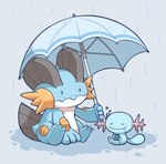 ambiguous_gender blue_background blue_body blush duo eyes_closed holding_object holding_umbrella raining simple_background sitting sitting_on_ground smile umbrella 2027_(artist) nintendo pokemon generation_2_pokemon generation_3_pokemon pokemon_(species) swampert wooper source_request tagme