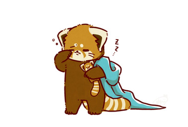 bedding biped blanket brown_body chibi eyes_closed feral plushie simple_background solo text tired white_background shi_nominmin ailurid mammal red_panda 2023 hi_res japanese_text
