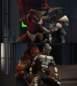2_panel_comic 3_fingers 4_balls anal anal_penetration animal_genitalia balls blue_eyes blue_penis bodypaint bottle chair_position container dominant duo erection eyes_closed face_paint facial_scar fellatio fingers from_behind_position furniture genital_slit genitals grey_body hand_on_head hand_on_hip hands_on_knees hands_on_legs interspecies kneeling_oral_position larger_dom male male/male male_penetrated male_penetrating male_penetrating_male multi_balls multi_genitalia nude oral penetration penile penis red_body red_eyes scar sex sitting size_difference sofa sofa_sex xenophilia cheap-wazoo bioware electronic_arts mass_effect garrus_vakarian urdnot_wrex alien humanoid krogan scalie turian 2021 3d_(artwork) digital_media_(artwork) hi_res multiple_images source_filmmaker_(artwork)