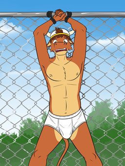 anthro arms_tied backwards_cap blue_sky bound briefs briefs_only chain-link_fence clothed clothing cloud fence front_view green_eyes horn male navel nipples open_mouth outside plant shrub sky solo standing tail teeth tighty_whities topless topless_male underwear underwear_only wearing_hat white_briefs white_clothing white_sclera white_underwear fuze texnatsu ty_conrad bovid bovine cattle mammal 3:4 hi_res