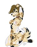 anthro black_eyes breasts collar curled_tail female fur genitals kneeling markings mottled multicolored_body multicolored_fur navel nipples nude pawpads pussy simple_background solo spots spotted_body spotted_fur tail deerwalker african_wild_dog canid canine canis domestic_dog mammal