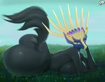 anthro antlers big_breasts big_butt black_body black_fur blue_body blue_eyes blue_fur breast_squish breasts butt female fur gem grass grass_field horn huge_butt looking_at_viewer lying_on_ground nude on_ground plant solo squish kyuq nintendo pokemon generation_6_pokemon legendary_pokemon mammal pokemon_(species) xerneas xerneas_(active_mode) absurd_res hi_res