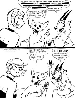 angry anthro bell bell_collar breasts cleavage clothed clothed_female clothing collar dialogue dipstick_ears ear_markings ear_piercing ear_ring female female/female fingers fur gesture group hair hooved_fingers hooves horn looking_back markings multicolored_ears open_mouth piercing pouch_(anatomy) ring_piercing text waving wool_(fur) tegerio cassandra_(tegerio) kangy_(tegerio) lana_lynne antelope bovid caprine kangaroo macropod mammal marsupial sheep 2023 black_and_white comic english_text hi_res monochrome