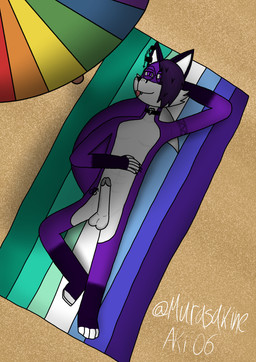 4_toes 5_fingers anthro balls beach beach_umbrella choker dark_body dark_fur ear_piercing eyebrow_piercing facial_piercing feet femboy fingers fur gay_symbol_tattoo genitals hair heart_chain_tattoo heart_choker humanoid_genitalia humanoid_penis jewelry lgbt_pride lying male necklace on_back parasol penis piercing pride_color_flag pride_colors purple_body purple_eyes purple_fur purple_hair sand solo toes tongue tongue_out vincian_pride_colors white_body white_fur murasakine_fox lgbt_pride_month murasakine_aki canid canine fox mammal hi_res