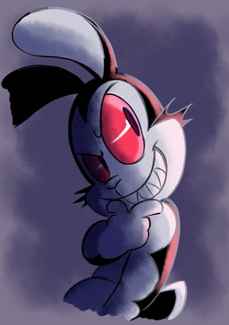 anthro black_body black_ears black_fur black_tail finger_on_chin fur grin long_ears looking_away male multicolored_body multicolored_fur one_eye_half-closed pose red_eyes red_sclera scut_tail sharp_teeth short_tail smile solo tail teeth two_tone_body two_tone_fur two_tone_tail white_body white_fur white_nose white_tail 8-bit-britt bunnicula_(series) bunnicula lagomorph leporid mammal rabbit vampire 2017 digital_media_(artwork) hi_res