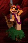 accessory dancing digitigrade feral flower flower_in_hair flower_necklace grass_skirt hair hair_accessory hand_on_pole hand_out hula hula_dancer looking_at_viewer male on_one_leg open_mouth plant pole pole_dancing rock smile solo standing teeth tongue magzol disney the_lion_king timon herpestid mammal meerkat absurd_res hi_res