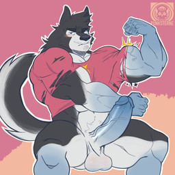 abs anthro balls barazoku biceps big_muscles big_penis blush bottomless bottomless_anthro bottomless_male clothed clothing emanata erection facial_hair flexing fur genitals humanoid_genitalia humanoid_penis long_penis looking_at_viewer male muscular muscular_anthro muscular_male narrowed_eyes penis pink_background shirt simple_background sitting solo topwear torn_clothing torn_shirt torn_topwear tuft vein veiny_muscles veiny_penis vier_punksterne canid canine canis mammal wolf 2021 character_request hi_res watermark