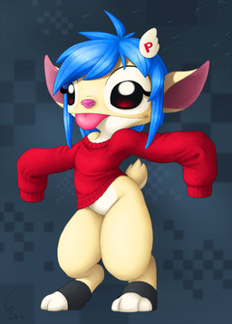 3_toes accessory blue_hair bottomless clothed clothing eyelashes feet female fur hair hair_accessory pink_inner_ear pink_nose semi-anthro shirt short_hair small_tail solo tail tan_body tan_fur toes tongue tongue_out topwear white_body white_fur ribera disney lilo_and_stitch donut_(ribera) fan_character alien experiment_(lilo_and_stitch) 2015 female_(lore)