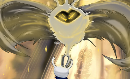 2_horns ambiguous_gender cloak clothed clothing duo eyebrows eyelashes fur horn looking_at_another orange_eyes wings nestorp3d hollow_knight_(franchise) team_cherry godseeker_(hollow_knight) radiance_(hollow_knight) the_knight_(hollow_knight) arthropod insect lepidopteran moth vessel_(species) 2025 absurd_res hi_res signature female_(lore)