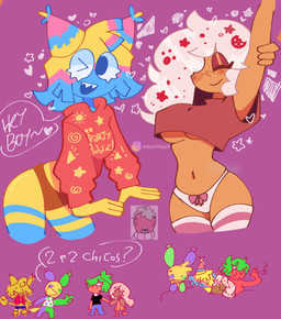 big_breasts blush breasts brown_body clothed clothing duo eyes_closed female hair imminent_sex legwear long_hair medium_breasts panties smile stockings thick_thighs under_boob underwear white_hair yellow_body eltortillas blushcrunch_studio dandy's_world ginger_(dandy's_world) yatta_(dandy's_world) humanoid hi_res