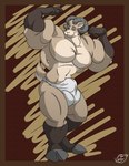 abs anthro balls_outline biceps big_bulge big_muscles bovid_horn bulge caprine_horn clothing cloven_hooves detailed_bulge eyebrows flexing flexing_bicep flexing_both_biceps fur genital_outline gloves_(marking) hooves horn leg_markings looking_at_viewer male markings muscular muscular_anthro muscular_male pecs ram_horn simple_background smile socks_(marking) tail tan_body tan_fur underwear juano rammy_aaron bighorn_sheep bovid caprine mammal sheep 2008 digital_media_(artwork)