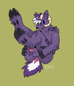 2_horns anthro anus arm_tuft black_claws black_hooves black_nose black_sclera blep bodily_fluids bovid_horn caprine_horn claws closed_smile digitigrade dripping fangs fur genital_fluids genitals green_background hair hands_on_legs hands_on_own_legs hooves horn inner_ear_fluff leg_tuft male male_anthro markings mouth_closed multicolored_hair nude_anthro nude_male penile_spines penis penis_tip pink_anus precum precum_drip purple_body purple_ears purple_eyes purple_fur purple_hair purple_inner_ear_fluff purple_markings purple_tail ram_horn saliva scut_tail short_tail shoulder_tuft simple_background smile solo tail tan_horn teeth text tongue tongue_out tuft two_tone_hair two_tone_tail white_hair white_tail white_text birdpaw_(artist) bovid caprine goat mammal 2025 artist_name dated full-length_portrait hi_res portrait