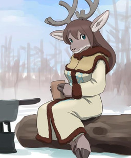 anthro blue_eyes campfire clothing container cooking_pot cup dress female log outside snow solo winter wood ryu_masakaze deer mammal new_world_deer reindeer 2015 5:6