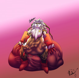 ambiguous_gender ambiguous_prey anthro belly belt big_belly blush bottomwear breasts clothing cybernetic_arm cybernetic_limb digestion digestion_noises eyes_closed featureless_breasts female fur grey_body grey_fur grey_hair hair mask mechanical_arm multicolored_body multicolored_fur neck_tuft pants rumbling_stomach sitting solo sound_effects star teeth text tongue tongue_out tuft two_tone_body two_tone_fur vore weight_gain white_body white_fur radarn_(artist) bandai_namco digimon digimon_(species) wolvermon 2025 english_text hi_res line_art monochrome
