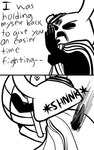 2_horns 2_panel_comic ambiguous_gender attack bandage biped black_body black_eyes black_text cloak clothing dialogue duo eyebrows fingers horn male open_mouth pose sound_effects standing talking_to_another text white_head wounded skeletorskeletonized hollow_knight team_cherry zote_(hollow_knight) arthropod 2020 5:8 black_and_white comic digital_media_(artwork) english_text hi_res monochrome