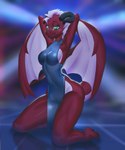 anthro black_horn blush clothed clothing dress feet female green_eyes horn looking_at_viewer pink_body pink_scales red_body red_scales scales solo tail wings orca24a mythology elodrea_(jackwolf) dragon mythological_creature mythological_scalie scalie hi_res