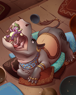 accessory african anthro big_mouth_(anatomy) bodily_fluids bowl bracelet brown_eyes butt butt_tattoo claws container digit_ring duo ear_piercing ear_ring female female_feral feral finger_claws finger_ring floor furgonomics green_body green_eyes grey_body holding_mouth_open imminent_vore jewelry male male_anthro necklace open_mouth overweight overweight_female overweight_feral piercing pillow purple_body ring ring_piercing saddle saliva scared scroll tail tail_accessory tail_jewelry tail_ring tail_tuft tattoo teeth toe_claws tongue tooth_gap tuft uvula vore wide_mouth 28gooddays friendship_is_magic hasbro my_little_pony mythology spike_(mlp) dragon hippopotamid mammal mythological_creature mythological_scalie scalie hi_res