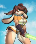 anthro big_breasts blue_eyes breasts brown_body brown_fur brown_hair clothing eyebrows female floppy_ears fur gloves_(marking) green_lightsaber hair lightsaber long_ears looking_at_viewer markings melee_weapon neck_tuft nipple_outline open_mouth solo tan_body tan_fur tuft weapon nardy616 star_wars star_wars_visions lop_(star_wars_visions) lagomorph lepi leporid mammal absurd_res hi_res